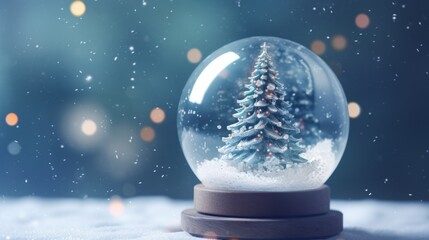 Fototapeta na wymiar Shiny Christmas Tree In Snow Globe blue bokeh background. Banner.