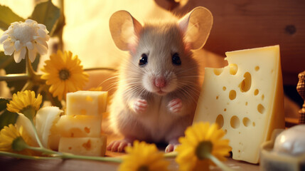 Cute little mouse eating cheese with flowers  - Powered by Adobe
