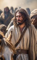 Naklejka premium Jesus Christ enters Jerusalem on the back of a donkey