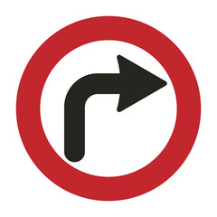 Isolated printable right turn direction street road sign in a red circle and white background, a guide navigation label sticker