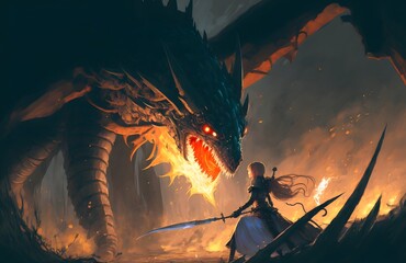 fantasy scene showing the girl fighting the fire dragon, digital art style, illustration painting, Generative AI