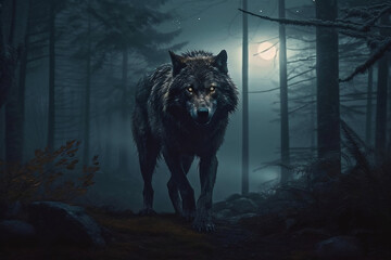 A portrait of scary wolf, hairy Werewolf growling in the moonlight over a full moon shining on a dark scary mystery foggy forest with a gothic house under the moon. Generative AI Technology