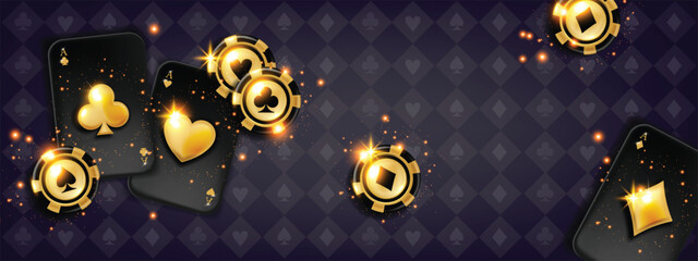 3D poker chips casino vector background, gold play blackjack cards Vegas banner, gambling concept. Royal lucky online wallpaper, shiny glossy glitter, royal game texture. Casino winner club background