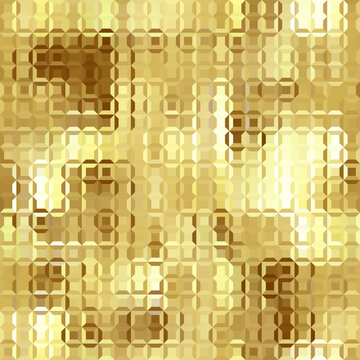 Geometric abstract pattern in low poly style. Tileable image. Small squares with glass effect. Gold glass mosaic pattern.