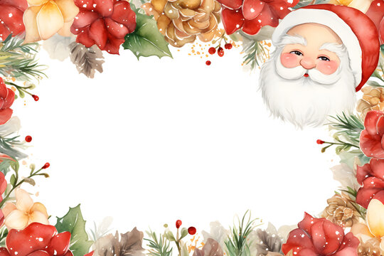 Cute Santa claus frame on white background. Merry Christmas Party and x'mas celebration Watercolor illustration background, Generative AI