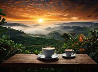 Hot coffee cup with organic coffee beans on the wooden table and the plantations background with...