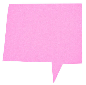 Pink blank cut out paper cardboard speech bubble of rectangular shape with copy space for text on transparent or white background
