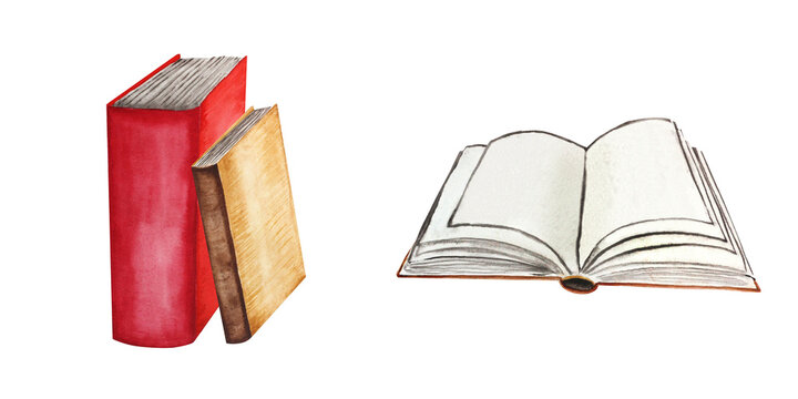 Watercolor illustration of books: red and beige with brown colors. The drawing is made by hand. Book of spells. For your design