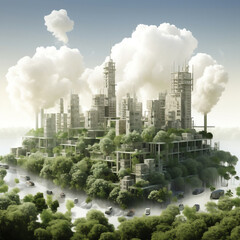 A green city with smoke, a construction city, gaming, 3D model, city