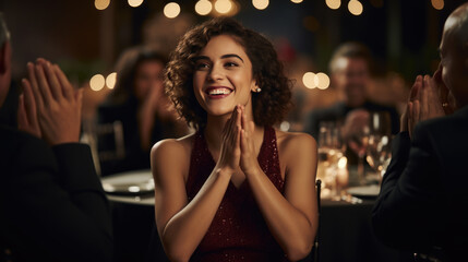 Young beautiful woman claps her hands at a restaurant event.