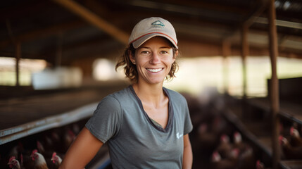 Woman poultry farmer smiles surrounded by chickens on a farm.