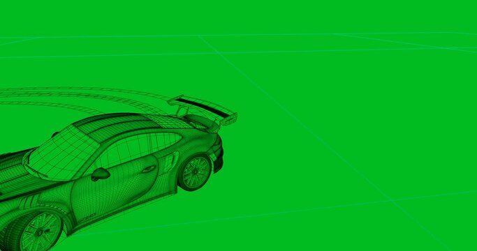 3D animation of a sports car driving rings in green and black with skid marks