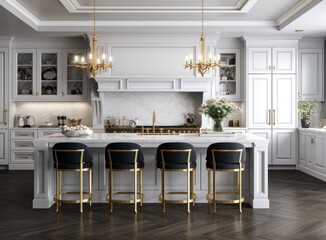 A luxurious kitchen with a large island, gold faucet and sputnik chandelier, stainless steel...