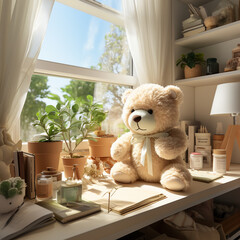 Mini Bear looking to out side of window and sitting on the working desk in the sunshine day
