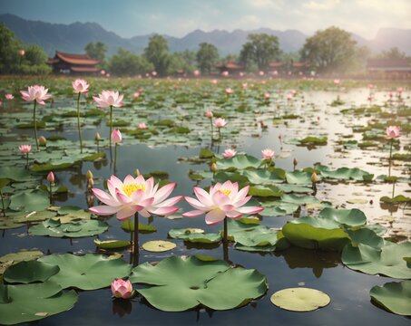 Pink water lilies or lotus in ponds, blossoming flower, Chinese mountain village background, AI Generative