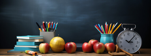 Back to school background with books,apples and pencils over blackboard.Created with Generative AI technology.