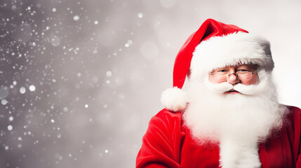 Christmas background with Asian santa claus on light gray background. Chinese Santa Claus is located on the right side of the banner. horizontal banner