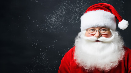 Christmas background with smiling good santa claus on black background. Chinese Santa Claus is located on the right side of the banner. horizontal banner