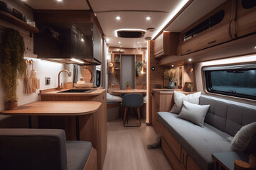 Stylish Interior of motor home camping car, furnishing decor of salon area, comfortable modern caravan house design. Relaxation areas for road travel. Travelling entertainment concept. Generative AI - obrazy, fototapety, plakaty