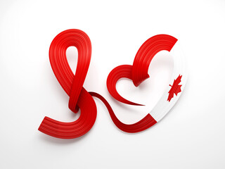 3d Flag Of Canada Heart Shaped Shiny Wavy Awareness Ribbon flag On White Background, 3d illustration