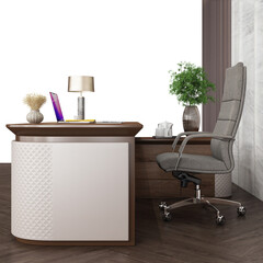 3D rendering of the management desk set _ Manager desk with Sitland Body Executive chair and Macbook Pro 16