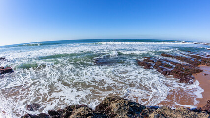 Beach Rocky Coastline Blue Ocean Waves Horizon Landscape