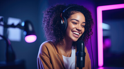 Young girl records a podcast in her home office.