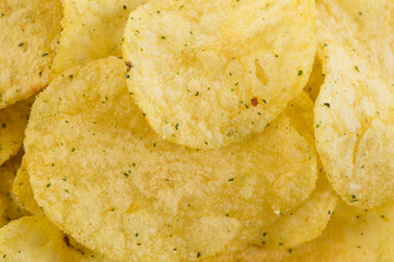 Prepared potato chips snack closeup view