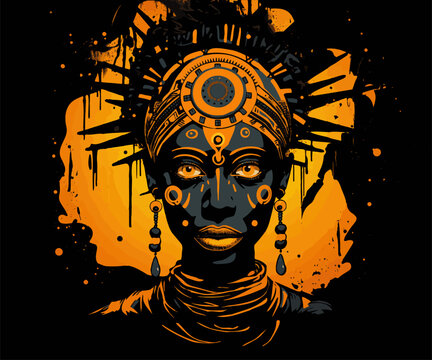 Ethnic African woman portrait. Beautiful black woman with traditional accessories. Afro woman vector silhouette. Tribal boho style. 