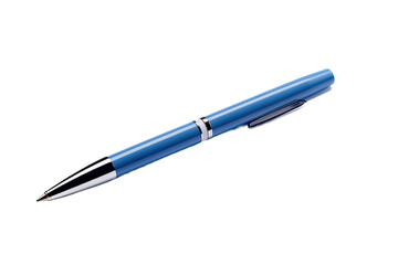 A blue pen is seen on a form document, isolated against a white background with a clipping path provided. It is prepared for immediate use.