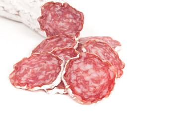 slices of salami isolated on a white