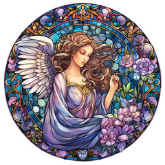 stained glass round angel design surrounded by floral elements. 