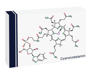Obraz premium Cyanocobalamin, cobalamin molecule. It is a form of vitamin B12. Skeletal chemical formula. Paper packaging for drugs. Vector illustration