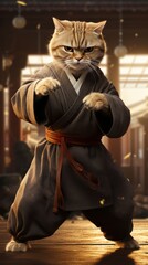 The cat kungfu fighter wearing kungfu Japanese costume.
