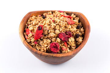 Muesli oat cereals close up background with dry fruits