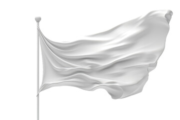 3D depiction of a white flag suspended on a pole and gently swaying against a white backdrop. Flinging the white flag. Representation of liberty. Relinquishment and abandoning.