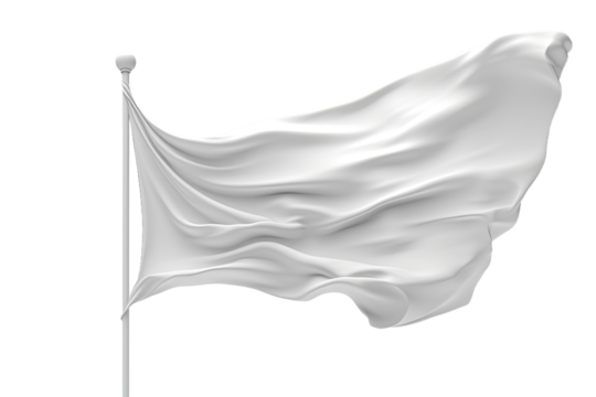 3D depiction of a white flag suspended on a pole and gently swaying against a white backdrop. Flinging the white flag. Representation of liberty. Relinquishment and abandoning.