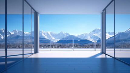 Interior empty balcony room with with views on snow mountains. Copy space. Generative AI