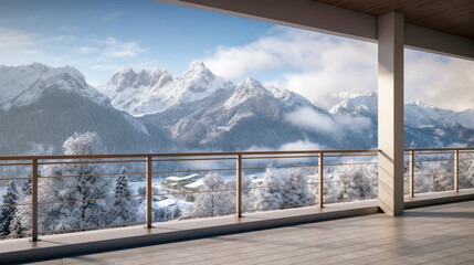 Interior empty balcony room with with views on snow mountains. Copy space. Generative AI