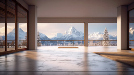 Interior empty  room with with views on snow mountains. Copy space. Generative AI