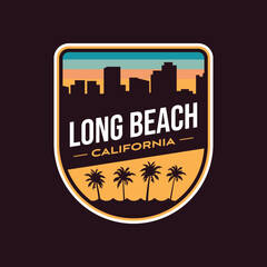 Retro Vintage Long Beach California badge Patch Stickers vector illustration with city silhouette, palm trees and ocean