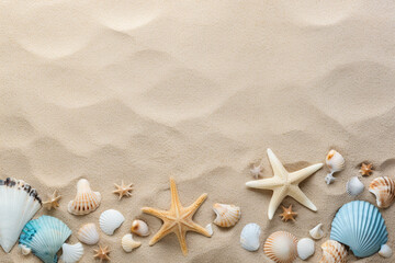 Fototapeta na wymiar beach scene with seashell sand beach background trendy, 3d rendering, AI generative