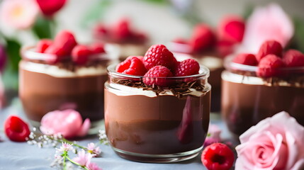 Obraz na płótnie Canvas 3 chocolate mousse layered in jars with raspberries outside in sunshine, editorial photo