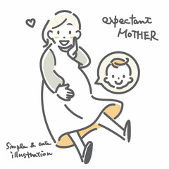 赤ちゃんを楽しみにする妊婦さん　シンプルでお洒落な線画イラスト