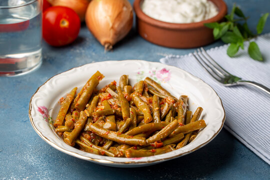 Traditional delicious Turkish food; fresh green black eyed peas food (Turkish name; Zeytinyagli yesil taze borulce or acebek)