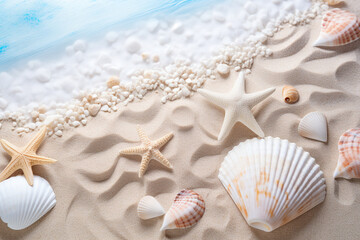 Fototapeta na wymiar beach scene with seashell sand beach background 3d rendering AI generative 