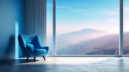 Fototapeta premium Luxury interior modern room with blue armchair. Copy space. Generative AI