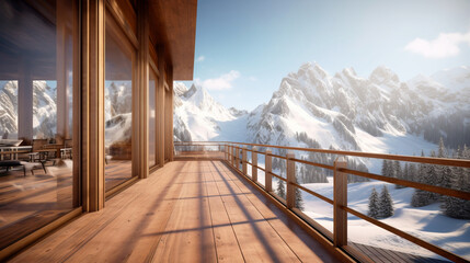 Luxury interior empty wooden balcony with views on snow mountains. Copy space. Generative AI