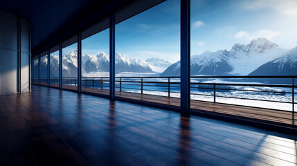 Luxury interior empty dark room with panoramic windows with views on snow mountains. Copy space. Generative AI