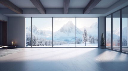 Luxury interior empty white room with panoramic windows with views on snow mountains. Copy space. Generative AI